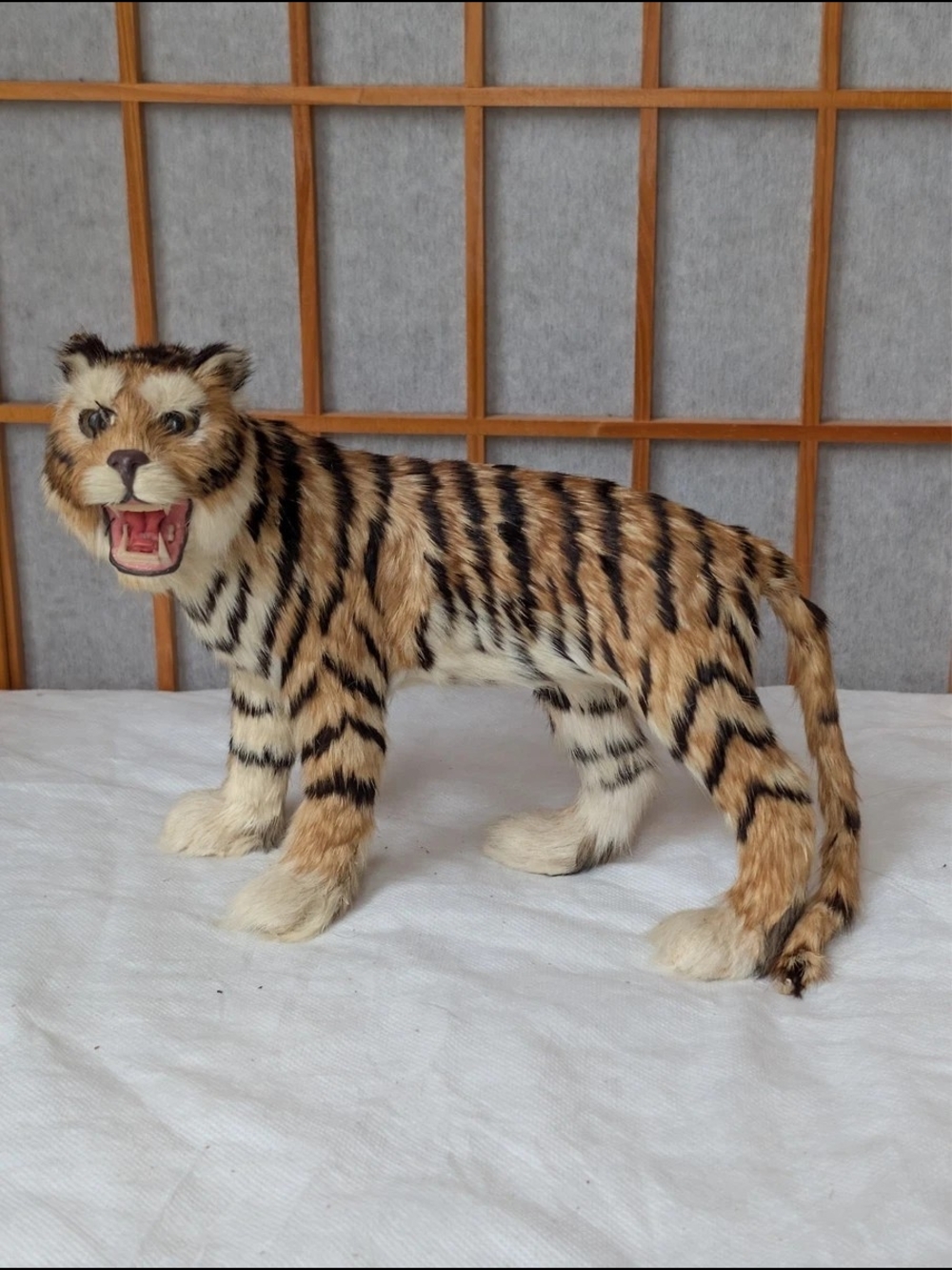 Real Fur Taxidermy Tiger Figurine | Vintage Mid-century Realistic Safari Toy